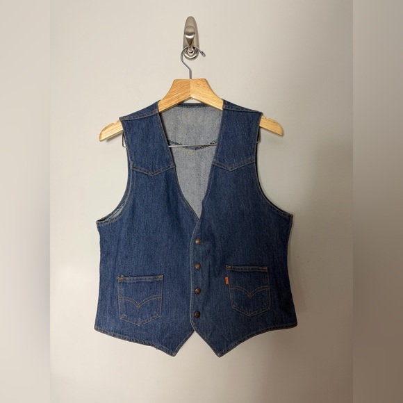 Vintage Levis 1970s Orange Tab Denim Jean Mens Vest Western Snap Large V